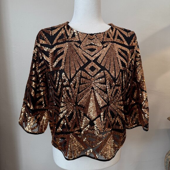 Everly Gold Copper & Black Sequin Top Blouse - Picture 1 of 5